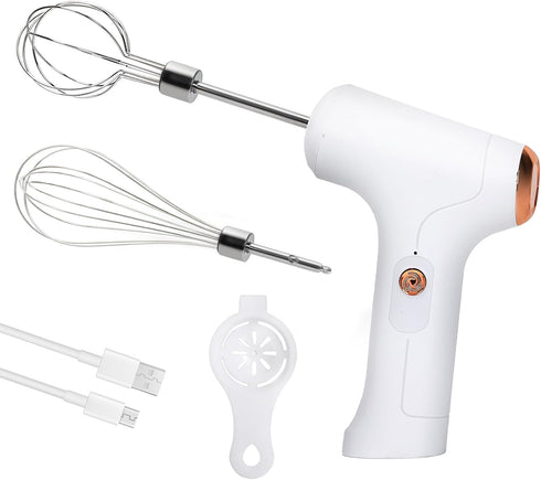 Cordless Hand Mixer, Handheld Electric Whisk with 3 Speed Modes, Hand Held Egg Beater with 2 Detachable Stir Whisks (White)...