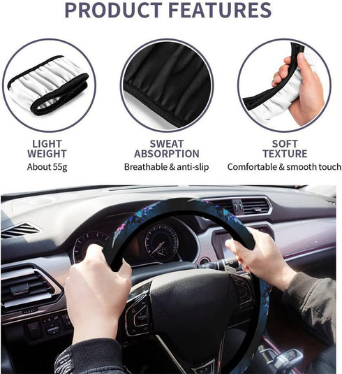 Swono Butterfly and Flower Universal 15" Steering Wheel Covers Abstract Blue Butterfly and Pink Flower Cute Car Steering Wheel Cover for Men Women...