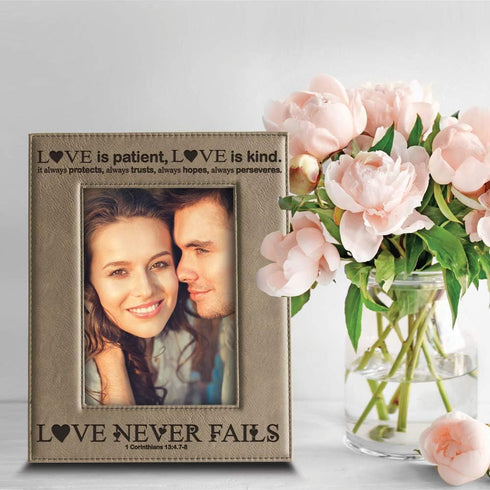 BELLA BUSTA -Love Never Fails-1 Corinthians (bible verse)-Anniversary for Her, Him-Valentines Day- Engraved Leather Picture Frame (5 x 7 Vertical)...