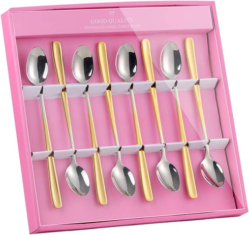 Buyer Star 8 Pack Long Handle Spoon Set 7.87 Inch Ice Tea Spoon Set Stainless Steel 18/10 Gradual Change Gold Cocktail Stirring Spoon Set in Pink ...