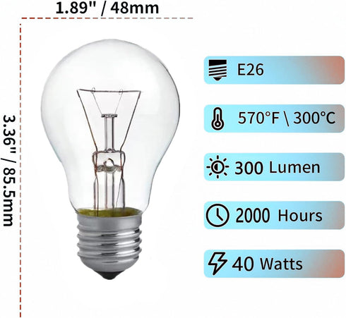 Appliance Oven Light Bulb, Oven Light Bulbs,High Temp 300 °C Resistant,A15/E26/120V/40 Watt Appliance Replacement Bulb for Refrigerator Over Stove...