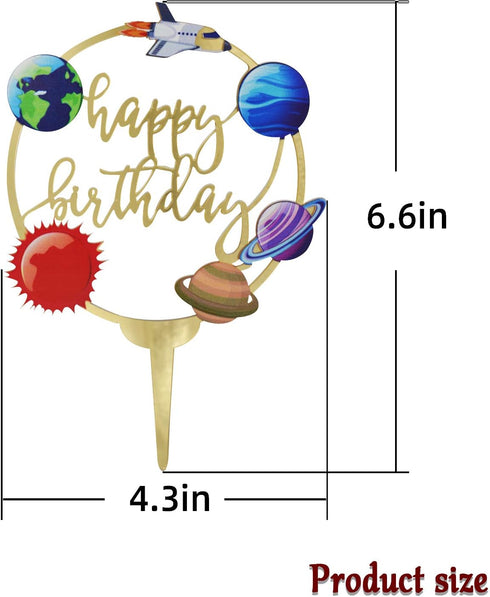 Happy Birthday Acrylic Cake Toppers for Outer Space Theme Birthday Party Decorations, Rocket Galaxy Planet Cake Toppers for Kids (Gold)...