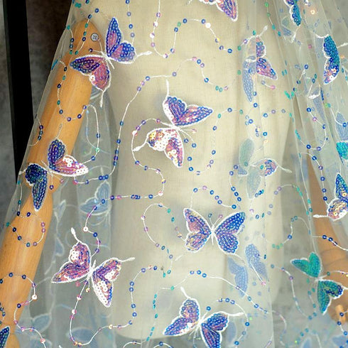 Sparkling Color Butterfly Sequin Fabric White Tulle Mesh Embroidered Lace Material Perfect for DIY Crafts and Fashion Projectsor Sewing Dress (2 Y...