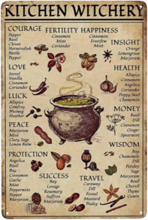 kitchen witchery Spice and Cooking Herbs Witchcraft Witch Fun World Education Science Classroom Infographic Funny Metal Tin Sign halloween Decorat...