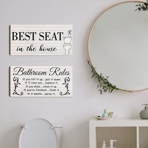 Jetec 2 Pieces Funny Bathroom Pictures Wall Sign Decor Farmhouse Bathroom Rule Wall Art Toilet Rustic Decoration Best Seat Wooden Sign(Simple Styl...