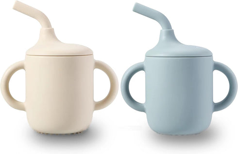 PandaEar 2 Pack 100% Tiny Silicone Drinking Training Cup with Handles & Straw for Baby and Toddler (White Blue)...