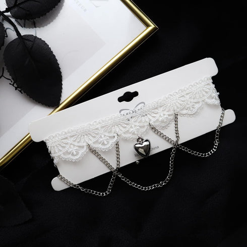Gothic White Lace Sexy Choker Necklace Heart Butterfly Pendant Tassel Collar Neck Chain Bridal Wedding Jewelry for Women Girls...