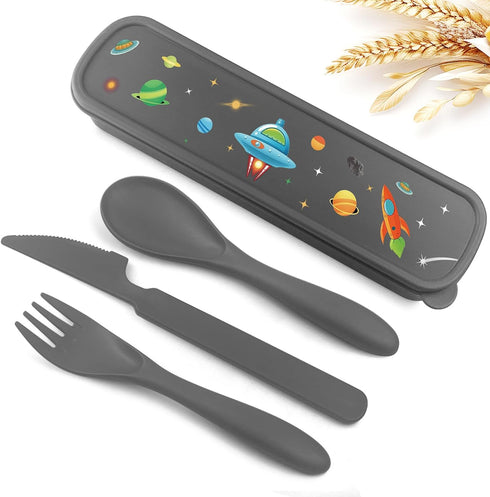 Teivio Plastic Wheat Straw Portable Travel Utensils Set for Kids, Reusable Flatware-Fork Spoon Knife for School Camping with Cute Rockets Pattern ...