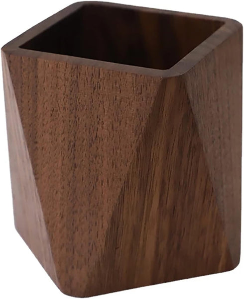 Black Walnut Wooden Pencil Box, Multiple-Use Desk Writing Stationary Organizer Wood Pen Holder Cups Office School Supplies Storage (Prismatic Shap...