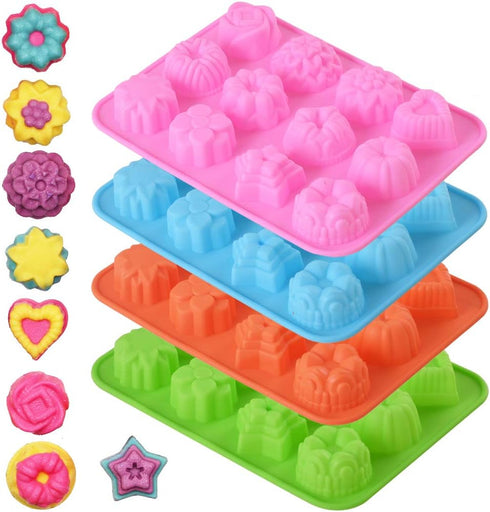 Newk Flower Heart Shape Chocolate Silicone Mold, 4 Packs 12 Cavity Candy Baking Mold for Parties, Festival and DIY Crafts - Green, Blue, Pink, Ora...