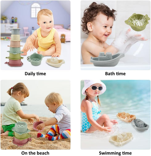 Baby Bath Toys Floating Boats and Sea Animal Shapes Stackable Cups for Toddlers 1-3 | 11 PCS Mold Free Bathtub Toy for Infants 6-12 Months | No Mo...