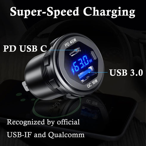 BATIGE PD 45W USB C Quick Charger 18W USB 3.0 Charger Socket Waterproof with Switch LED Voltmeter and Wire Fuse DIY Kit for 12V/24V Car Boat Marin...