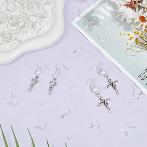 SUNNYCLUE 1 Box 300Pcs Silver Earring Hooks French Hook Earring Wires & 300Pcs Jump Rings & 300Pcs Ear Backs Brass Earwires Fish Hook Earring Find...