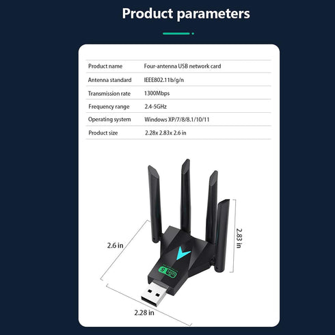 AC1300 USB WiFi adapter, suitable for PC desktop 2.4G/5G dual band 1300M wireless network adapter, WiFi dongle, supporting Windows 11/10/8.1/8/7/X...