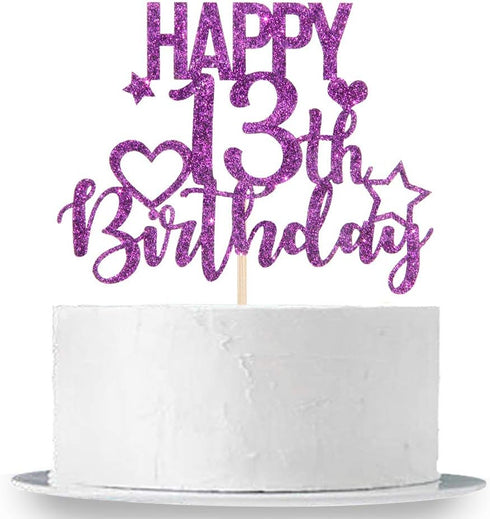 INNORU Purple Glitter Happy 13th Birthday Cake Topper for Cheers to 13 Years - Children's Birthday Party Cake Decorations...