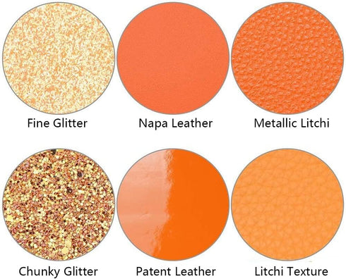 6 Pieces/Set 8x12 Inch (21cmx30cm) Faux Leather Sheets Mixed Orange Series Chunky Fine Glitter Patent Metallic Litchi Skin Texture Faux Leather Fa...