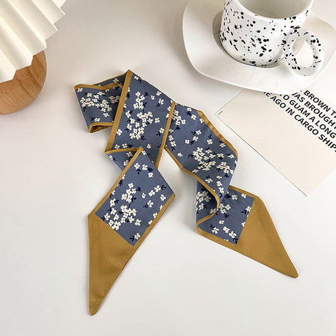 Retro small silk scarf girl heart spring and summer narrow ribbon headband headband bag decoration long scarf headdress (blue hair band 5pcs)...