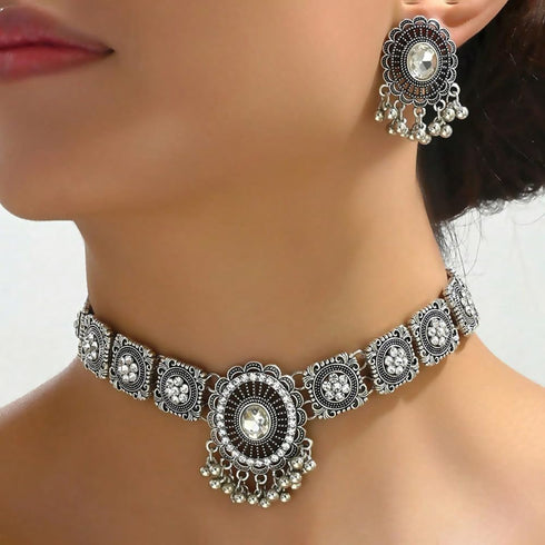 Vintage Austrian Crystal Kundan Necklace Earrings Jewelry Set for Women Bride Indian Traditional Bollywood Statement Choker Punk Pendent Necklace ...