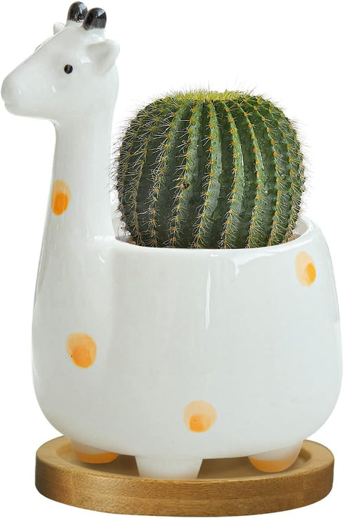 GeLive Giraffe Succulent Planter Indoor Tabletop Ceramic Plant Pot Kitty Ornament Animal Flower Decor Vase with Drainage Tray for Succulents or Mi...