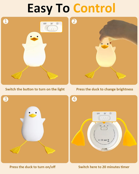 Attivolife Duck Night Light for Kids, Cute Animal Silicone Lamp Touch Control + Dimmable + Timer, USB Rechargeable LED Feeding, Bedside Bedroom De...