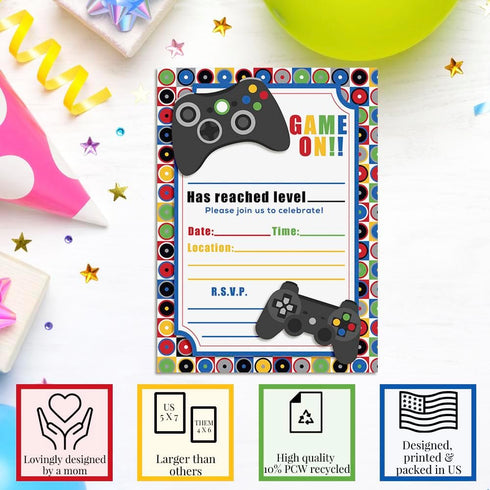 Game On! Video Gamer Birthday Party Fill In Invitations, 20 5"x7" Fill In Cards with Twenty White Envelopes by AmandaCreation...