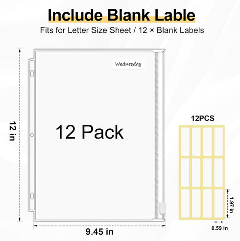 KTRIO Zipper Binder Pocket Letter Size 12 Pack, 3 Holes Zipper Binder Folder for 3 Ring Binder Insert, Clear PVC Loose Leaf Pouch 8-1/2"x 11 Docum...
