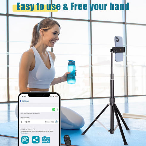 Phone Tripod, 63-inch Selfie Stick Tripod Compatible with iPhone/Camera/GoPro/Webcam, Lightweight Travel Phone Tripod with Phone Holder Mount/Wire...