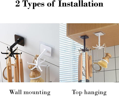 Hanging Utensil Holder Hooks Kitchen Utensil Hanger Wall Mount 360 Degrees Rotating Folding Hook Self Adhesive Hook Utensil Rack with 6 Hooks for ...