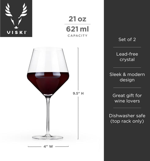 Viski Raye Angled Burgundy Glasses Set of 2 - Premium Crystal Clear Glass, Modern Stemmed, Flat Bottom Red Wine Gift Set - 21 oz...