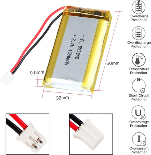 3.7V 1600mAh Battery 953248 Lithium Polymer Ion Rechargeable Li-ion Li-Po Battery with 2P PH 2.0mm Pitch Connector...