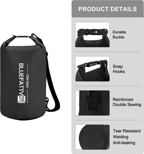 Waterproof Dry Bag Floating Roll Top Dry Backpacks for Kayaking, Rafting, Boating, SUP, Fishing with IPX8 Waterproof Phone Case, Black, 10L...