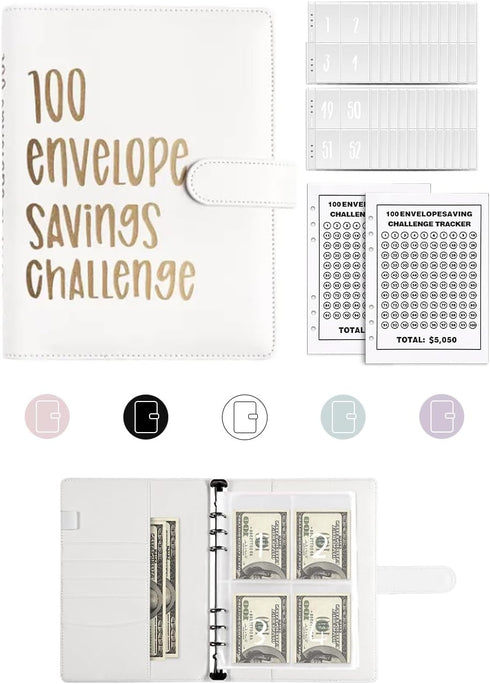 100 Envelopes Money Saving Challenge Budget Binder, 52 Week Money Binder for Cash Saving Budget Book with Pouches White...