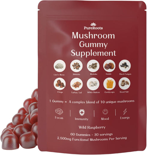 Pure Roots Mushroom Gummies – 60 Count Raspberry Flavored Mushroom Supplement Brain Gummies – 2500mg Vegan Friendly Focus Gummies Lions Mane Suppl...