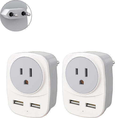 2 Pack Europe Travel Plug Adapter with 2 USB Ports and 1 AC Type Output Adapter, USA to Most of Europe, EU, Iceland, Spain International Power Plu...