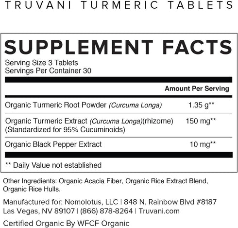 Truvani Organic Turmeric Curcumin Tablets 1,350 mg Each - Natural Joint Support with Black Pepper for Absorption - 90 Tablets...