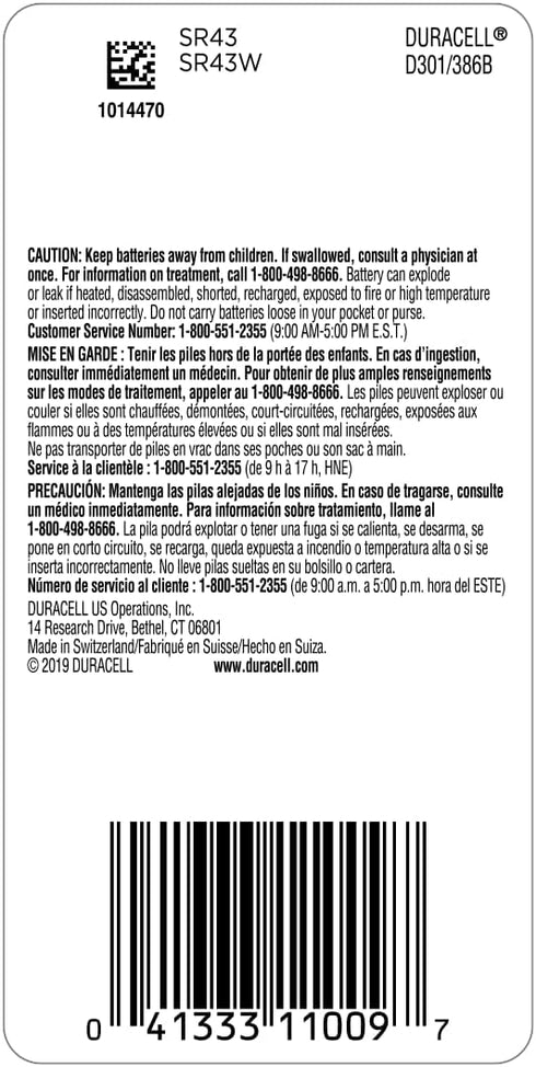 Duracell 301/386 Silver Oxide Button Battery, 1 Count Pack, 301/386 Battery, Long-Lasting for Watches, Medical Devices, Toys, and More...