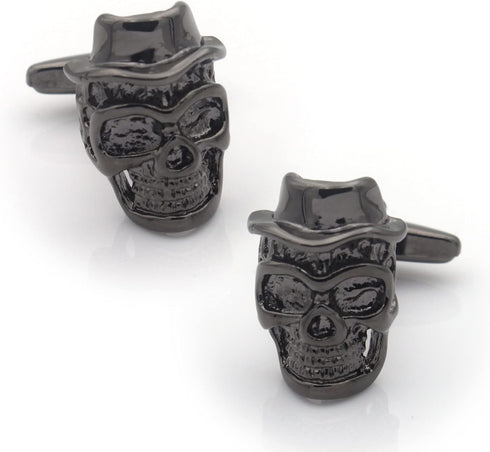 Mens Gun Black Vintage Skull Head with Hat Cross Bones Cufflinks for Wedding Business Cuff Links...