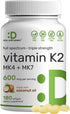 Vitamin K2 Supplement 600mcg, 180 Virgin Coconut Oil Softgels (6 Month Supply) – Full Spectrum MK-7 & MK-4 Forms, High Absorption, Triple Strength...