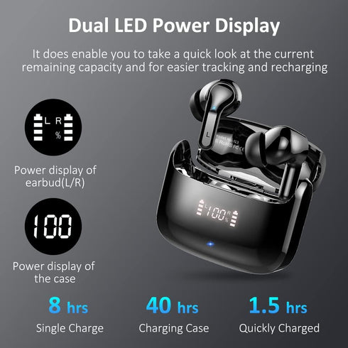 Wireless Earbud, Bluetooth Headphones 5.3 Stereo Bass Earphones 2023 Noise Cancelling 40H Dual Mic Call Earbud in-Ear USB-C LED Display IP7 Waterp...