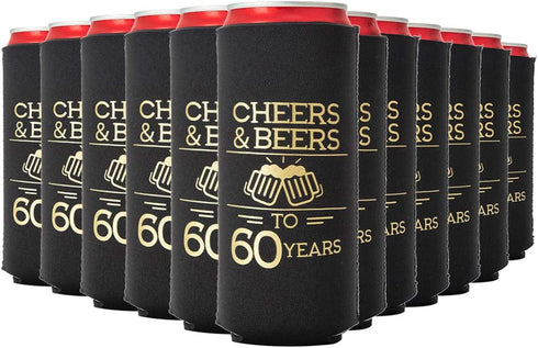 Cheers and Beers to 60 Years Can Coolers, Set of 12 - Black and Gold 60th Birthday Decorations and Party Favors for Men and Women - Cheers to 60 Y...
