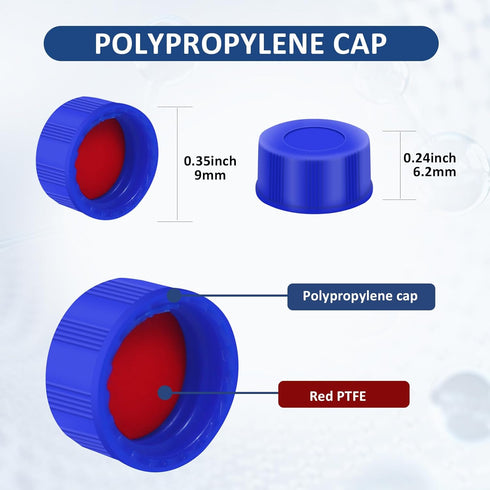Blue Solid Polypropylene Cap, Red Silicone Septa with Ribbed Thread Screw Cap, Accessary for 1.5ml 18.ml 2ml 9-425 HPLC Autosampler Pack of 100...