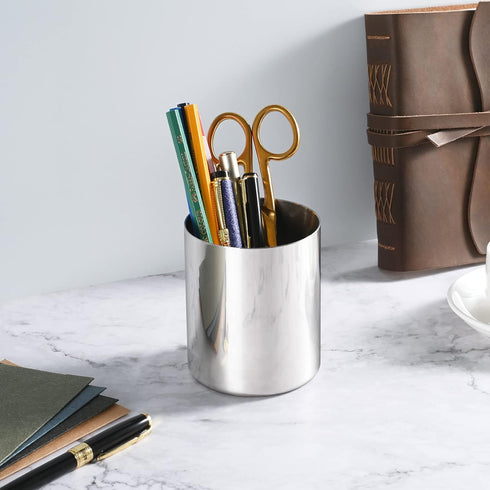 Silver Pencil Holder for Desk,304 Stainless Steel Desktop Pen Holder,Pencil Holder,Pencil Cup,Pencil Pot, Makeup Brush Holder,Stationery Organizer...