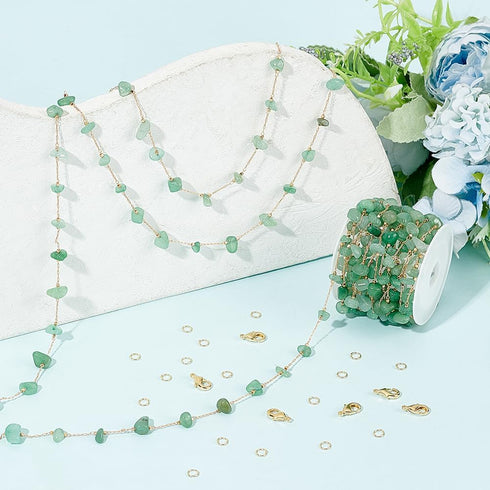WADORN 5 Yard Natural Green Aventurine Jewelry Set Making Kit, Aventurine Stone Chain Spool Necklace Chains Bulk Green Gemstone Beaded Link Chain ...