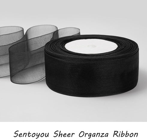 Black Gifts Wrapping Ribbon, 1 inch 50Yard Sheer Organza Ribbon, Chiffon Ribbon for Gifts Wrapping, Hair, Crafts, Flower Bouquet, Wedding, Decorat...
