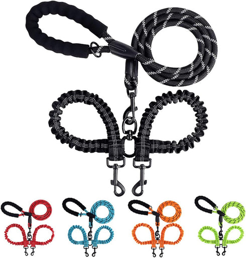 Double Dog Leashes Rope Reflective Dog Leash with Two Shock Absorbing Bungee Trainning Leashes for Two Dogs 360 Swivel No Tangle Dog Leash...
