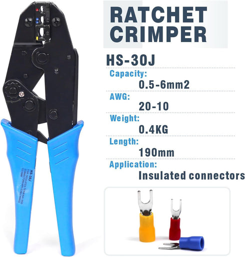 HS-30J Professional Insulated Wire Terminals Connectors Ratcheting Crimper Tool, Wire Crimp Tool, Crimping Pliers 20-10AWG(0.5-6mm²)...