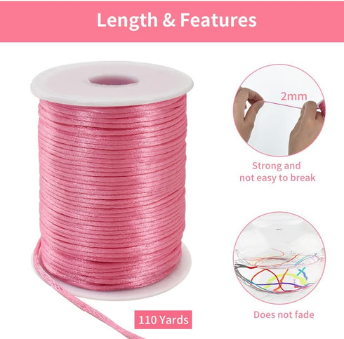 TONIFUL 2mm x 110 Yards Light Pink Nylon Cord Satin String for Bracelet Jewelry Making Rattail Macrame Trim Cord Necklace Bulk Beading Thread Kumi...