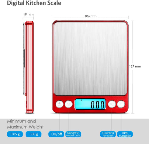 AMIR Digital Kitchen Scale, 500g/ 0.01g Mini Pocket Jewelry Scale, 100g Calibration Weight, Cooking Food Scale with Back-Lit LCD Display, 2 Trays,...