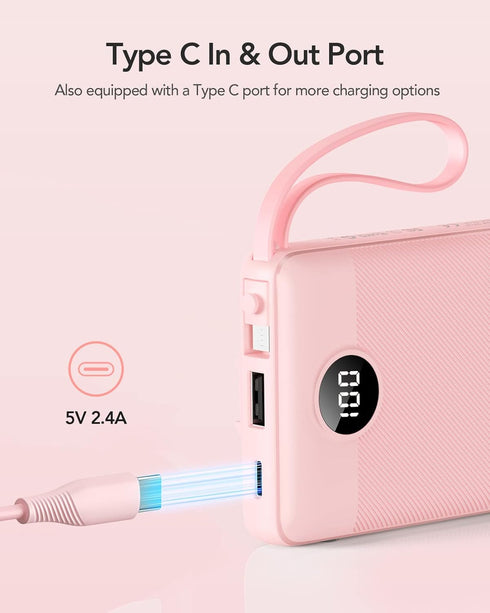 VRURC Portable Charger 10000mAh, Slim LED Display Power Bank, 5 Output 2 Input Cell Phone Battery Pack, Built-in Micro & USB C Cables Phone Charge...