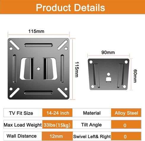 Monitor Wall Mount for Most 14-24" TVs, Universal Camper Small TV Wall Mount Bracket Fixed RV TV Mount Max Load 33lbs VESA up to 100x100mm 17 19 2...